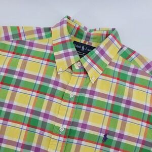 Ralph Lauren Classic Fit Shirt Mens Large Plaid‎ Short Sleeve Button Down Yellow